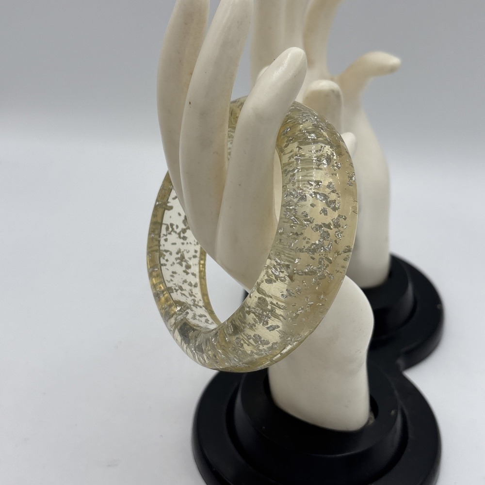 Vintage Lucite Clear & Gold Foil Confetti Wide Cuff Bangle‎ Bracelet 1960s